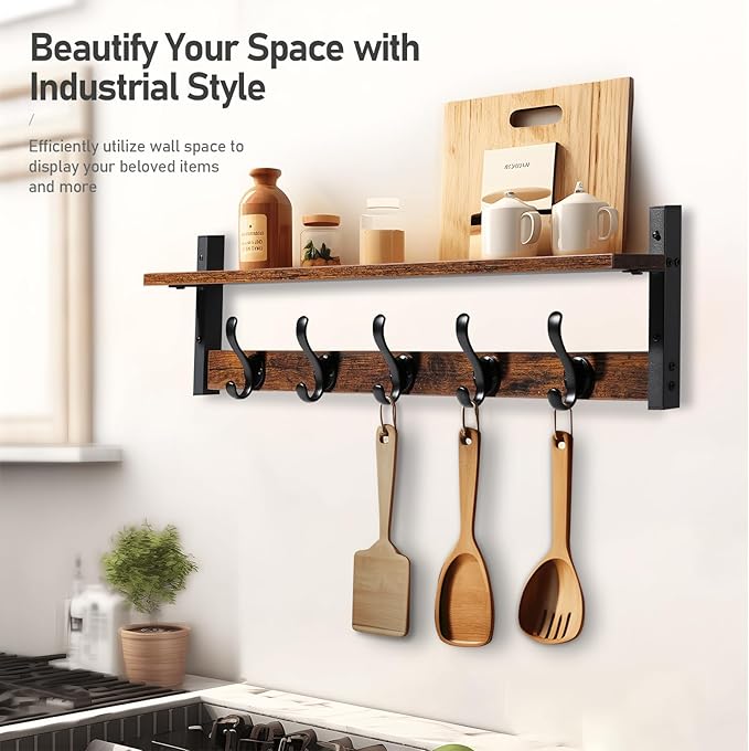 Tatub 29" Rustic Coat Rack Wall Mount with Shelf, Entryway Wall Hooks with Shelf, Coat Hangers for Bathroom, Living Room, Bedroom, Rustic Black-Ruum Studio Home