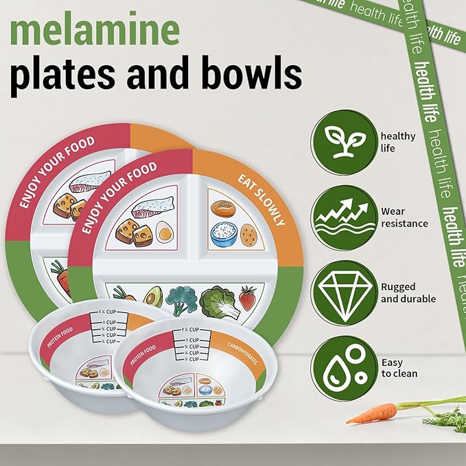4 Pcs Portion Control Plates & Bowls Set (9 Inch), Self-Measuring for Weight Loss, Gastric Bypass, LapBand, Diabetes, & Healthy Diets, Divided Nutrition Plates for Adults & Children-Ruum Studio Home