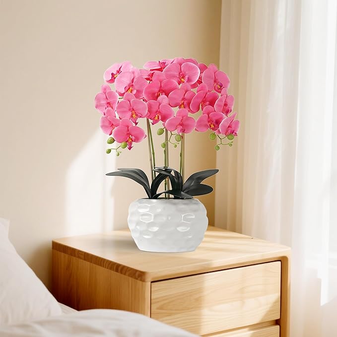 Orchid Artificial Flowers with White Vase Large Silk Faux Phalaenopsis Flowers for Dining Room Table Floral Centerpieces Indoor Decoration,Fuchsia-Ruum Studio Home