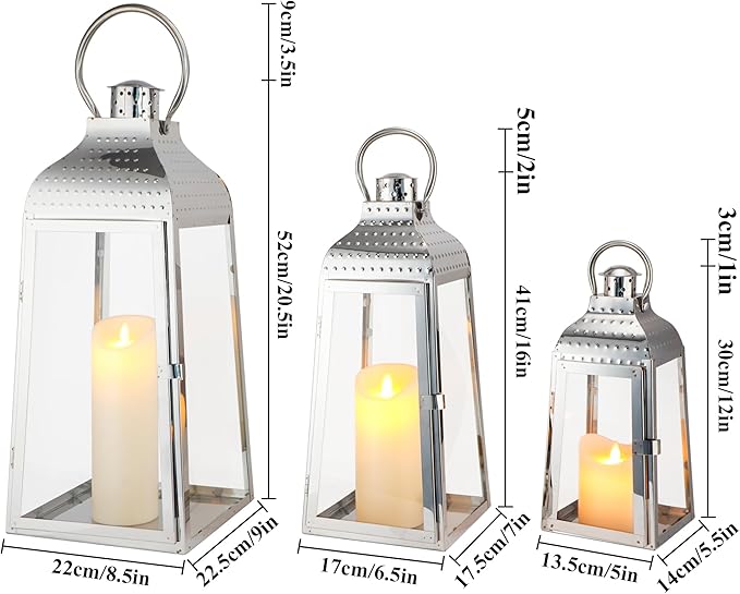 TRIROCKS Set of 3 Stainless Steel Candle Lanterns 20.5''&16''&12''H Decorative Candle Holders with Tempered Glass for Indoor Outdoor Porch Parities and Wedding(Silver)-Ruum Studio Home