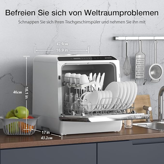 Portable Dishwasher Countertop, WIFI Smart Dishwasher, Compact Mini Dishwashers with 5L Built-in Water Tank, 6 Programs, 360° Dual Spray, High-Temp& Air-Dry Function, Fruit Cleaning-Ruum Studio Home