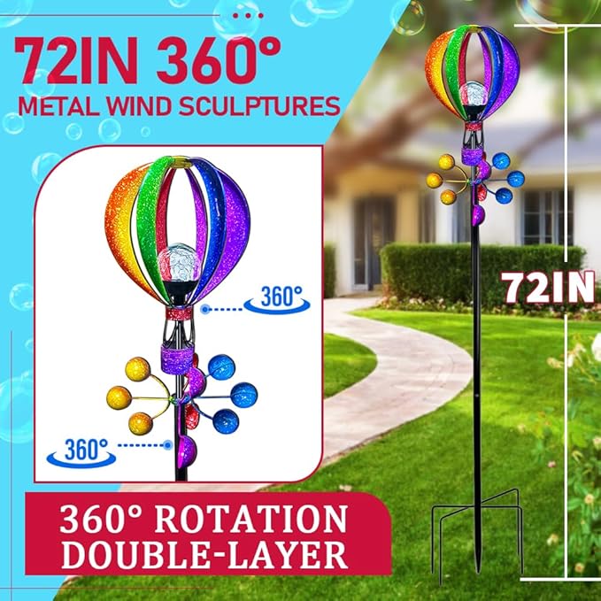 Solar Wind Spinner Outdoor - Hot Air Balloon Wind Spinners, Metal Garden Decor with LED Lights, 360° Rotating Waterproof Yard Decorations, Solar Powered for Day & Night, Lawn & Patio Windmill-Ruum Studio Home