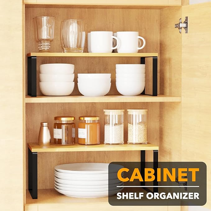 SpaceAid Cabinet Shelf Organizers 2 Pack, Kitchen Counter Rack Shelves Riser, Stackable Expandable Spice Rack, Pantry Cupboard Storage Organization (Black and Natural, Long)-Ruum Studio Home