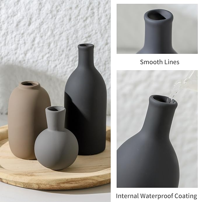 Ceramic Vase Set of 3, Rustic Farmhouse Vases Home Decor Pottery Pampas Vase Decoration Modern Neutral Flowers Vases for Room Decor, Entryway, Living Room, Table, Kitchen, Bedroom - Multicolor-Ruum Studio Home