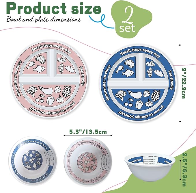 4 Pcs Portion Control Plates & Bowls Set (2 Plates + 2 Bowls, 9 Inch) - Self-Measuring for Weight Loss, Gastric Bypass, LapBand, Diabetes & Healthy Diets, Pink & Blue, for Adults & Children-Ruum Studio Home