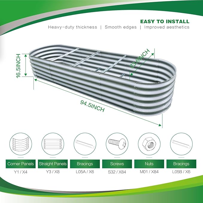 Gardmax Galvanized Raised Garden Bed, Lightweight Planter Boxes Outdoor with Easy Assembly, Large Garden Bed for Vegetables, Fruits, Flower Silver 8FT-Ruum Studio Home