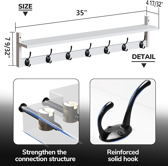 BAMEOS 35" L Wall Hooks with Shelf, Entryway Coat Hooks for Wall with Shelf, Wood Wall Hanging Shelf, Wall-Mounted Coat Rack with 7 Dual Metal Hooks for Bathroom, Kitchen, Living Room, Bedroom (White)-Ruum Studio Home