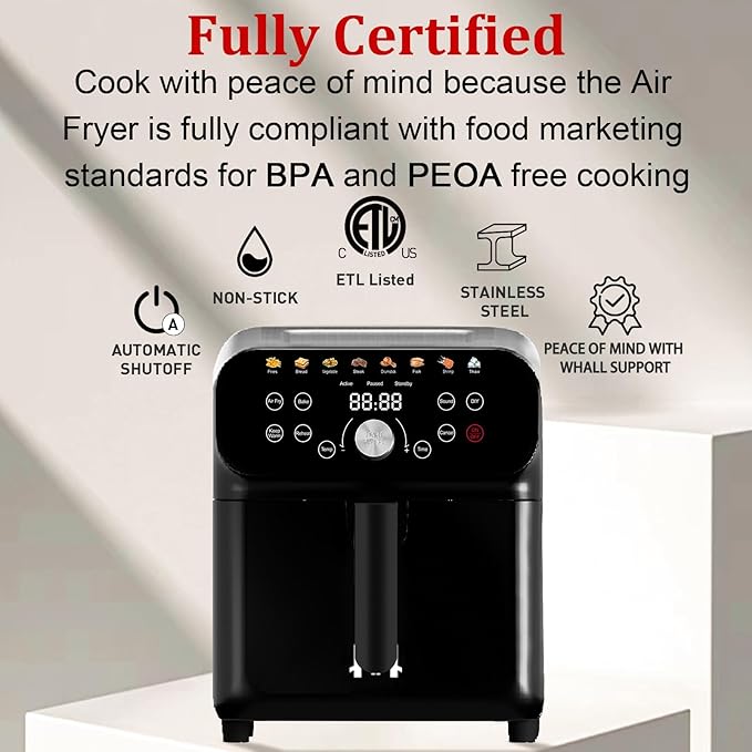 Air Fryer, 6QT Air Fryer Oven with LED Digital Touchscreen, 12 Preset Cooking Functions Air fryers,Roast, Warm-Up, Stay Warm, Stick-Free & Dishwasher-Friendly Basket, Stainless Steel/Black-Ruum Studio Home