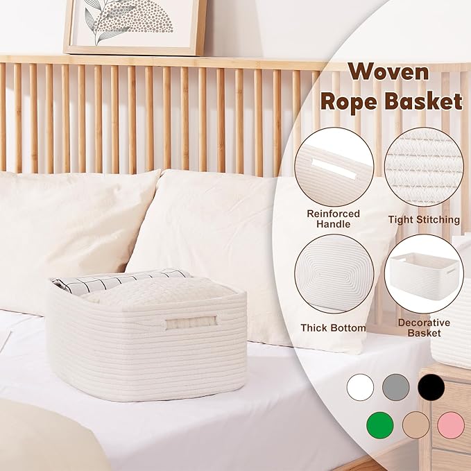OIAHOMY Storage Basket for Shelves, Closet Cube Storage Bins Baskets for Clothes Blanket Towels, Baby Nursery, Toy Baskets Box, Woven Rope Basket, 15.75*11.81*7.09 IN, 2 Packs White-Ruum Studio Home