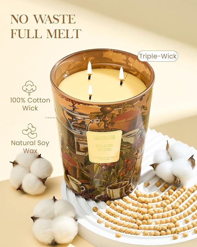 M&SENSE Roasted Coffee Scented Candle, 3 Wick Soy Natural Wax Candles, 35oz 150H Long Lasting, Stress Relief Home Fragrance Housewarming Gifts-Ruum Studio Home