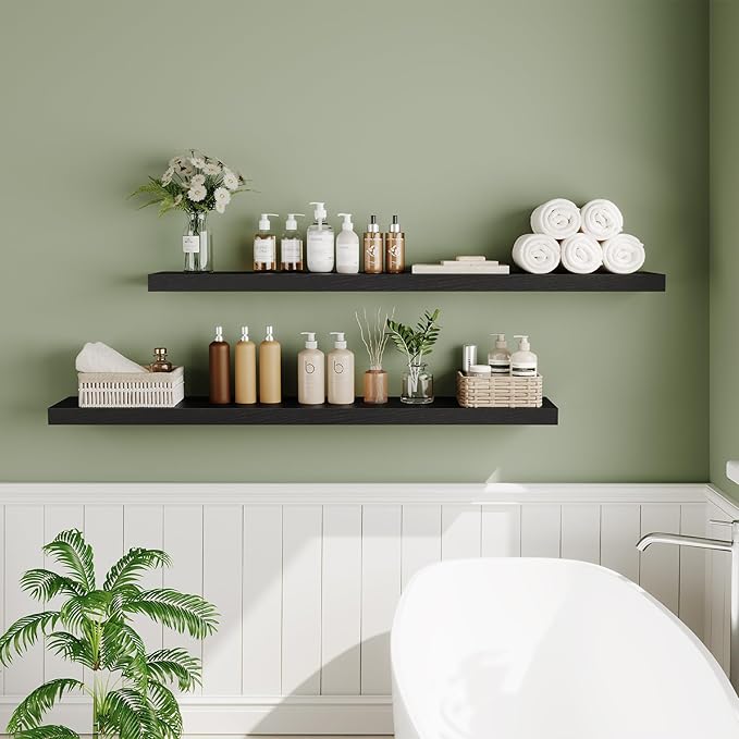 HOOBRO Floating Shelves for Wall, Wall Mounted Shelf Set of 2, 55" Hanging Shelf with Invisible Brackets, for Wall in Bathroom, Bedroom, Toilet, Kitchen, Living Room, Office, Black BK140BJP201-Ruum Studio Home