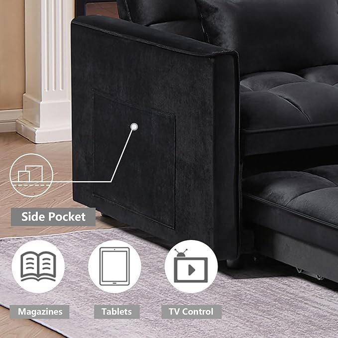 3 in 1 Convertible Sleeper Sofa Bed,Futon Loveseat Couch with Pull-Out Bed & Adjustable Backrest,Velvet Fabric Sofa with Side Pocket for Small Apartment, Living Room, Office (Black)-Ruum Studio Home