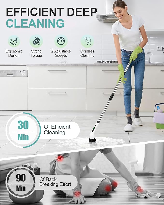 Electric Spin Scrubber, Cordless Shower Scrubber Rotary Floor Brushes & Pad Drivers with 9 Brush Heads - 2H Dual Speed, IPX7 Waterproof Extension Handle for Bathroom Tile Car Cleaning, Whtie-Q-Ruum Studio Home