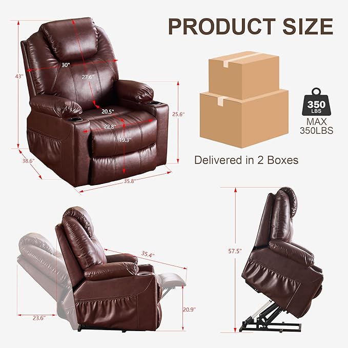 SALOHZA Power Lift Recliner Chair for Elderly with Massage and Heat for Living Room, Electric Recliner Chair for Adults with USB/Type C Port/Cup Holders, PU Faux Leather, Chocolate Brown-Ruum Studio Home