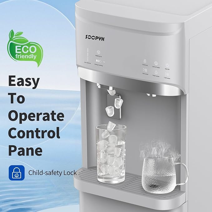 Self-Cleaning Bottom Load Water Cooler Dispenser with Ice Maker for 5 Gallon 3 Temperature Settings 22lbs Daily Capacity White-Ruum Studio Home