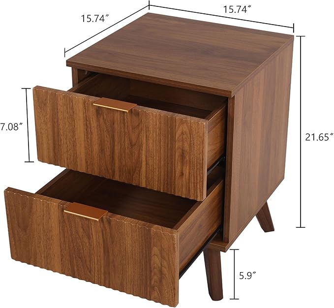 Fluted Nightstand Set of 2, Mid Century Modern 2 Drawer Dresser for Bedroom, Small Dresser Night Stand Side Table End Table with Wood Fluted Drawer Storage for Bedroom Closet(Walnut)-Ruum Studio Home