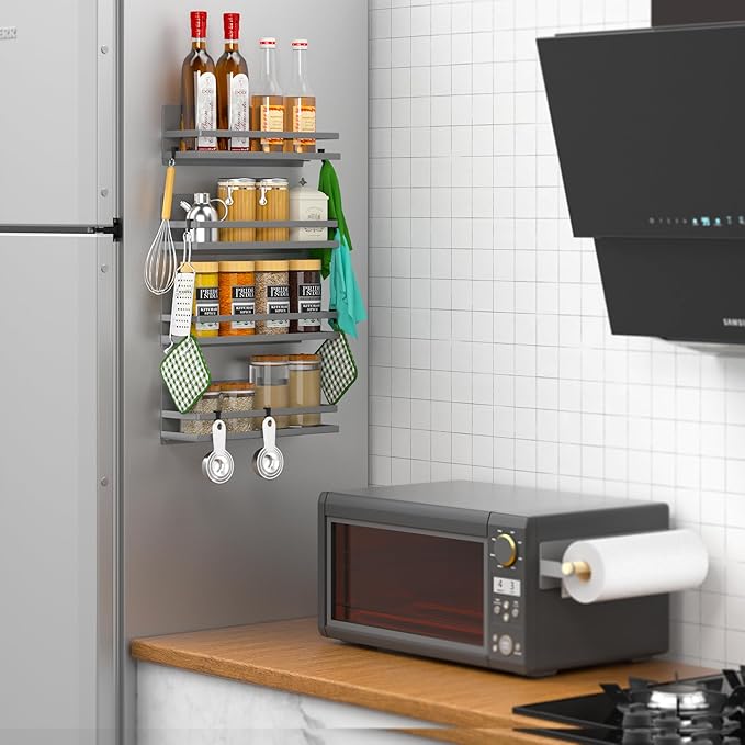 Magnetic Spice Rack for Refrigerator Moveable Magnetic Shelf Organizer Kitchen Seasoning Jars Storage Rack Fridge Magnet Organizer,Grey,4 Packs-Ruum Studio Home