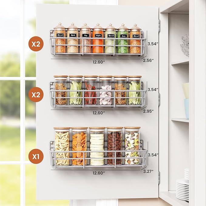 5 Pack Spice Rack Seasoning Organizer Wall Mount, Screw or Adhesive Hanging Shelf Basket Spice Organizer Shelf for Kitchen, Silver-Ruum Studio Home