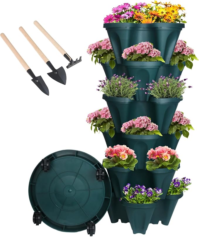 Vertical Planter 6 Tier Stackable Planters Garden Planters Strawberry Herb Flower and Vegetable Planter Indoor Outdoor Gardening Pots with Removable Wheels and Tools-Ruum Studio Home