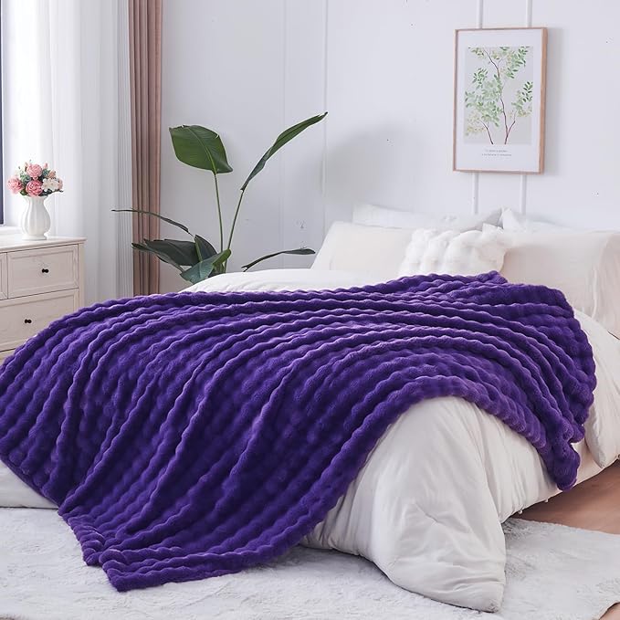 NEWCOSPLAY Faux Fur Twin Blanket Purple Bubble Blanket Thick Warm Soft for Couch Sofa Bed 550GSM (Purple, Twin(60"x80"))-Ruum Studio Home