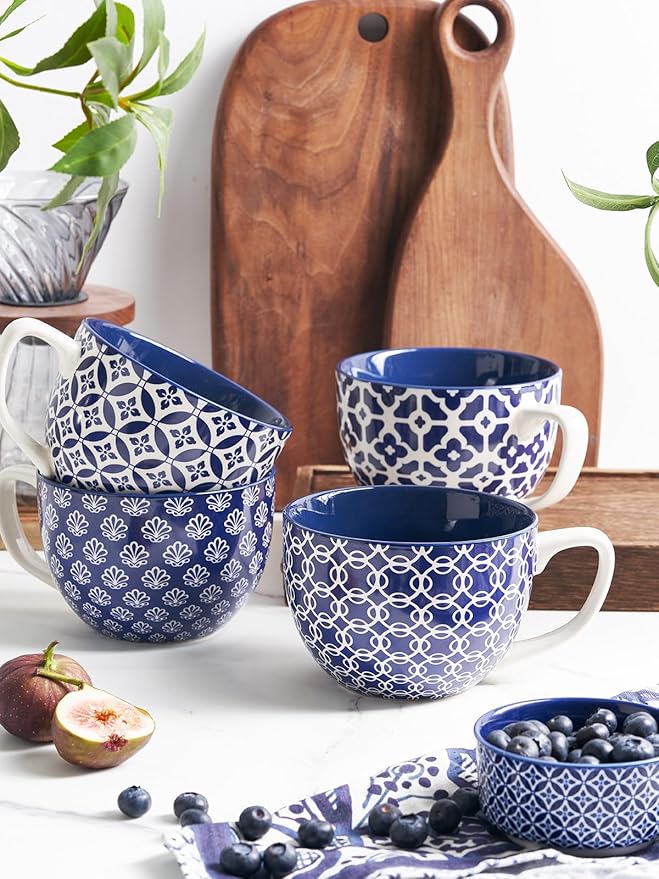 DOWAN Coffee Mugs Set of 4, 24 oz Large Coffee Mugs, Jumbo Soup Mugs With Handles, Ceramic Coffee Cups for Coffee Cereal Latte for Men Women, Housewarming Wedding Gift, Vintage Blue-Ruum Studio Home