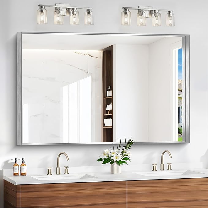 Silver Bathroom Mirror, 36x55 Inch Rectangular Deep Frame Mirror, Large Wall Mounted Bathroom Vanity Mirror Over Sink for Bedroom,Restroom, Living Room, Hangs Vertically or Horizontally-Ruum Studio Home