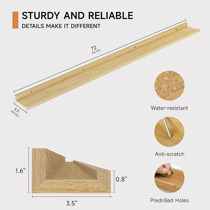 Floating Picture Ledge Shelves for Wall Set of 2, 72 Inches Picture Ledge Shelf with Long Large Nursery Book Shelf for Toys Storage Kids Bookshelf Wall Mounted Living Room Bedroom Decor Frames, Oak-Ruum Studio Home