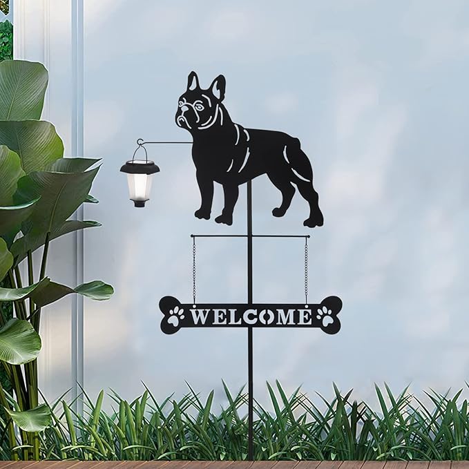 BAYN Solar French Bulldog Silhouette Dog Breed Welcome Sign with a Lantern Outdoor Decorative Garden Stakes for Yard, Lawn, Patio, Pathway-Ruum Studio Home