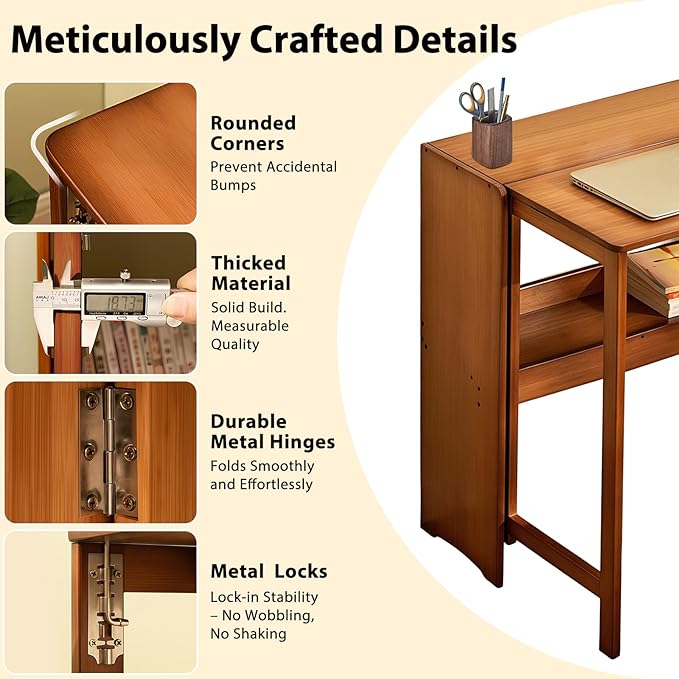 39.37" Bamboo Folding Desk,Space-Saving Computer Desk for Small Spaces, Foldable Study Table for Bedroom, Home Office, Dorm, Apartment (Brown)-Ruum Studio Home