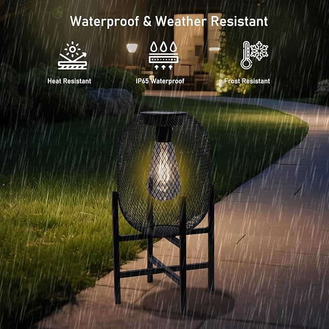 Solar Mesh Lantern Outdoor – 13.8" Tall Black Metal Patio Light with Edison Glass Bulb, Solar Powered Warm Glow LED, Waterproof IP65 for Garden, Porch, Deck, Tabletop Decor-Ruum Studio Home