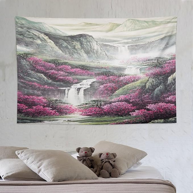 Japanese Tapestry, Red Plum Blossom Mountain Tapestry, Asian Japanese Wall Tapestry, Nature Landscape Tapestries for Bedroom Living Room Decor 90"x60"-Ruum Studio Home