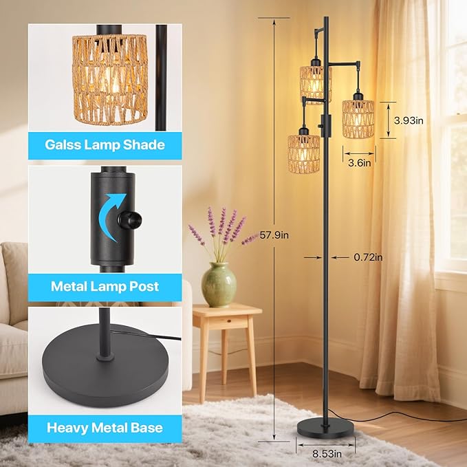 3-Light Boho Floor Lamp for Living Room, Rattan Wicker Standing Lamp Palm Tree Design, Farmhouse Coastal Floor Light with Woven Shade, Tall Bohemian Lamp-Ruum Studio Home