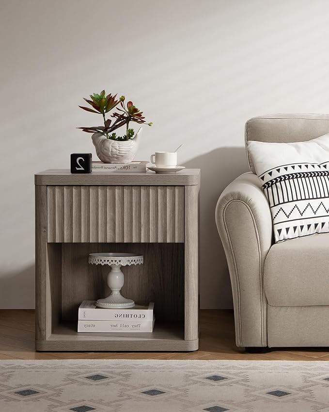 SICOTAS Night Stand Nightstand with Drawer Storage Fluted Bed Side Table End Table Large Modern Wide Bedside Stand Mid Century Night Stands for Bedroom Living Room Sofa Couch Home Office, Grey Alder-Ruum Studio Home