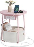 VASAGLE Side Table with Charging Station, Round End Table with Fabric Basket, Nightstand with Power Outlets, USB Ports, for Living Room, Bedroom, Modern, Jelly Pink and Cream White ULET228R01-Ruum Studio Home