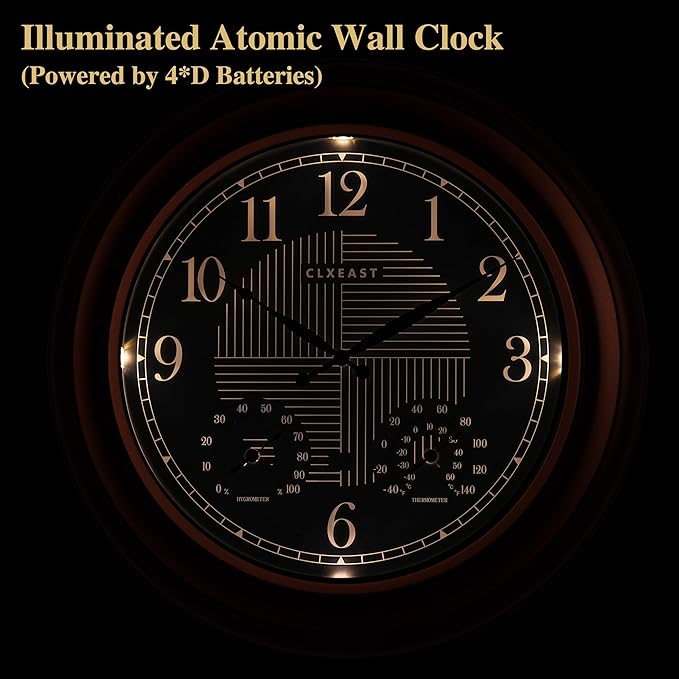 CLXEAST 24 Inch Illuminated in/Outdoor Lighted Atomic Analog Wall Clock with Thermometer & Hygrometer, Oversized Large Waterproof Wall Clocks for Living Room Decor,Bronze Finish-Ruum Studio Home
