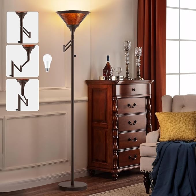 Floor Lamps for Living Room - 70" Brown Torchiere Standing Floor Lamp with Adjustable Swing Arm - Tall Corner Lamp Decor for Bedroom with Mica Shade LED Reading Light for Home Office-Ruum Studio Home