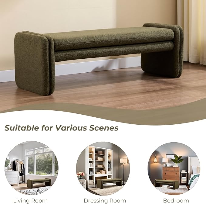 Green Boucle Bench 50" Sherpa End of Bed Bench Modern Upholstered Bench for Bedroom Entryway Living Room Vanity Makeup Room, Teddy Fabric Bench with Seating-Ruum Studio Home