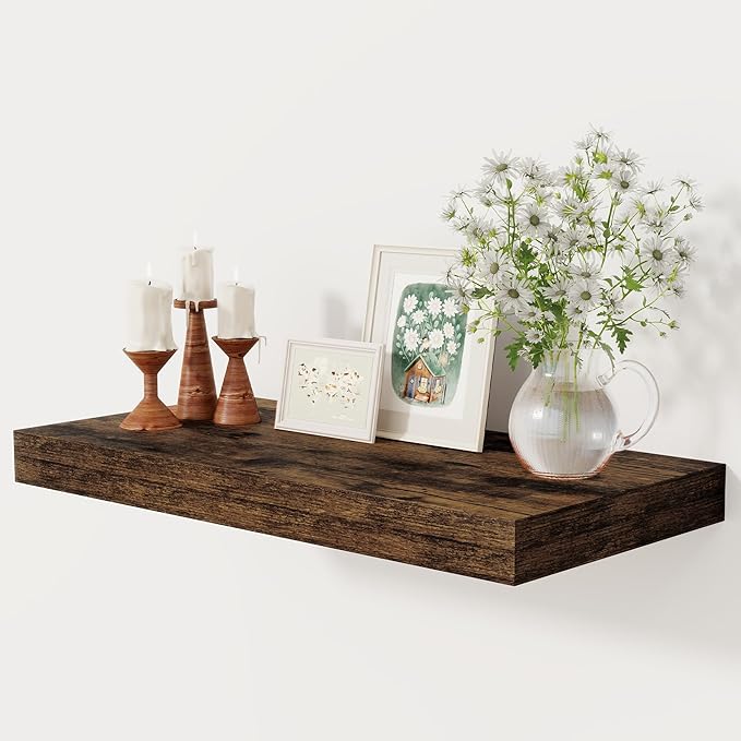 12 Inch Deep Floating Shelves, 24 x 12 Floating Shelf for Books, Rustic Wood Deep Wall Shelves for Home Storage & Display, 2" Thicked Shelves for Kitchen, Living Room, Bedroom, Rustic Brown, 1 Pack-Ruum Studio Home
