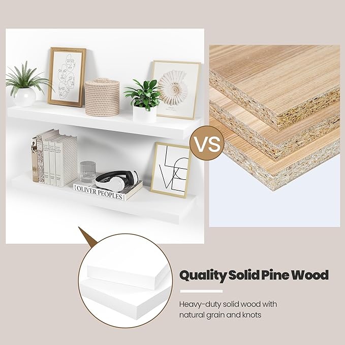 Floating Wood Shelves for Wall 24 Inches x 8”x 1.4” Shelf Floating Home Decor, Heavy Duty Shelf Hold 60 lbs, Wall Shelves for Bathroom Living Room Kitchen Bedroom Office - Set of 2 White-Ruum Studio Home