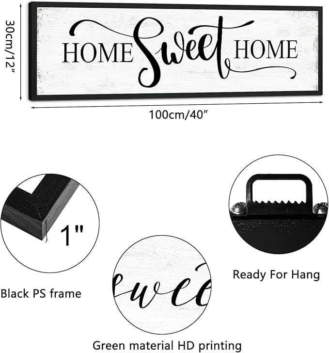 Home Sweet Home Wall Decor: Modern Farmhouse Rustic Sign 12" x 40", Master Bedroom Above Bed Framed Hanging Plaque, Family Decorative for Living Room-Ruum Studio Home