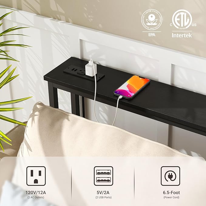 ELYKEN 5.9" Narrow Console Sofa Table with Power Outlets, 5.9" Dx39.4 Wx31.1 H Long Black Behind Couch Table with Metal Frame and Charge Station with 6.5’ Extension Cord-Ruum Studio Home