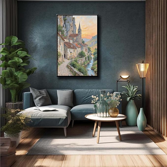 Small town scenery poster on the bank of the mountain stream is suitable for living room bedroom and office natural oil painting poster-Ruum Studio Home