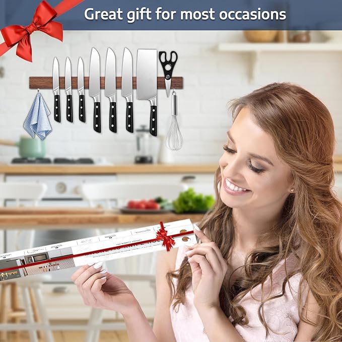 Dmore magnetic knife holder for wall—with 2 hooks, No Drilling 23 Inch walnut knife magnetic strip, Powerful knife magnet rack, include Adhesive Tape and screws for Knives, Utensils, and Tools-Ruum Studio Home