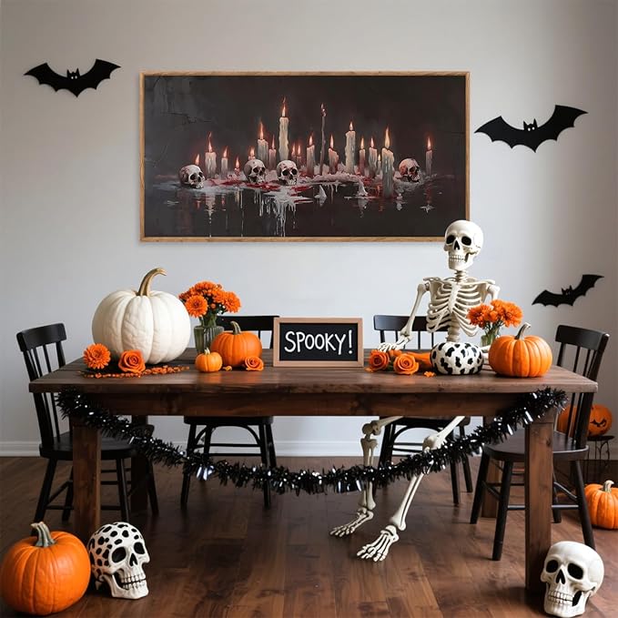 Aurlan Gothic Bloody Skull and Candles Framed Wall Art(40"x20"), Large Horror Dark Academia Halloween Skeleton Canvas Artwork, Modern Goth Spooky Creepy Ghost Decor for Home Office Bedroom-Ruum Studio Home