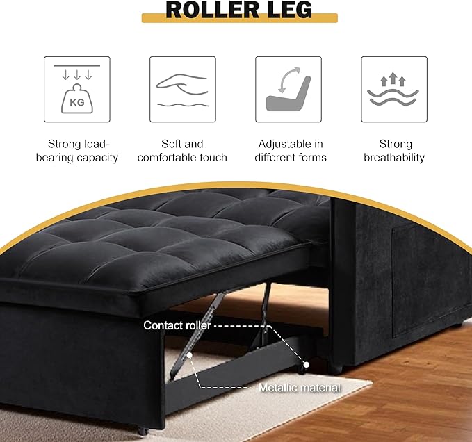 3 in 1 Convertible Sleeper Sofa Bed, Velvet Pull Out Sofas Beds with Side Pocket, 54” Adjustable Backrest Futon Sofa Bed, Love Seat Sleepers Couch for Living Room, Bedroom, Small Space, Black-Ruum Studio Home