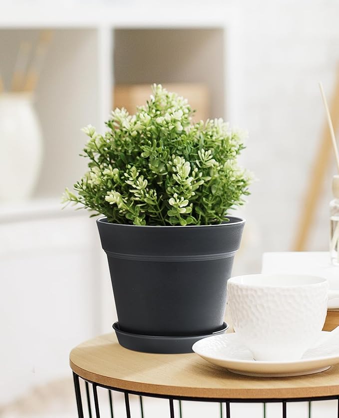 homenote Pots for Plants, 8 Pcs 7.5 Inch Plastic Planters with Multiple Drainage Holes and Tray - Plant Pots for All Home Garden Flowers Succulents, Matte Black-Ruum Studio Home