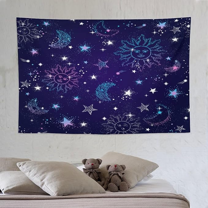 HZOHNAGO Boho Sun Moon Tapestry Purple Blue Sun Stars Galaxy Pattern Printed Wall Tapestry Wall Hanging for Bedroom Living Room Dorm 90" W x 60" H-Ruum Studio Home