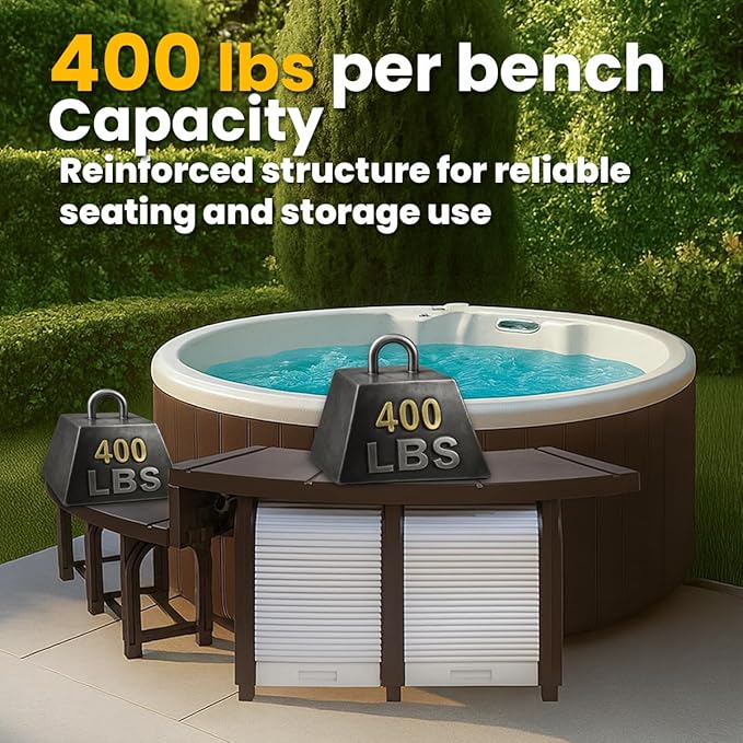 XtremepowerUS SPA Bench Set with Storage & Roller Shades – 2 Medium & 2 Tall Benches, Brown, 400 lbs Capacity, Outdoor Use-Ruum Studio Home
