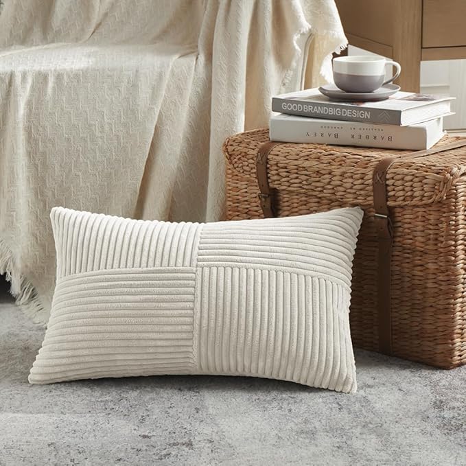 Fancy Homi 2 Packs Cream Lumbar Decorative Throw Pillow Covers 16x28 Inch for Living Room Couch Bed Sofa, Rustic Farmhouse Boho Home Decor, Soft Striped Corduroy Rectangle Accent Cushion Case 40x70 cm-Ruum Studio Home