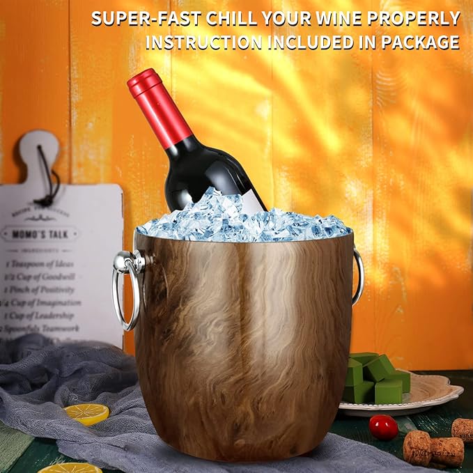 Ice Bucket with Lid, Scoop, Tongs and Strainer - Well Made Insulated Stainless Steel Keep Ice Frozen Longer - Ideal for Cocktail Bar, Parties, Chilling Wine, Champagne - 3 Liter (Teakwood)-Ruum Studio Home